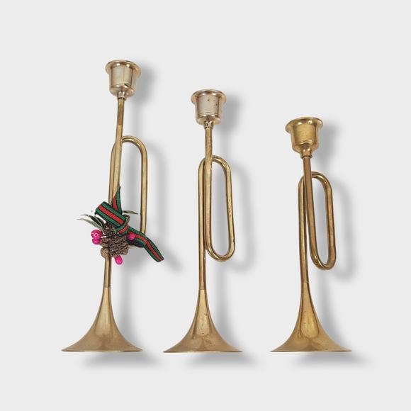 Vintage Brass Gold Trumpet Candlesticks (Set of 3)